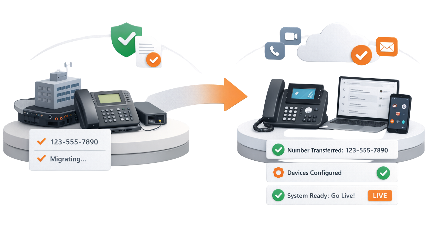 Business phone onboarding with dashboard, desk phone, laptop, and mobile app